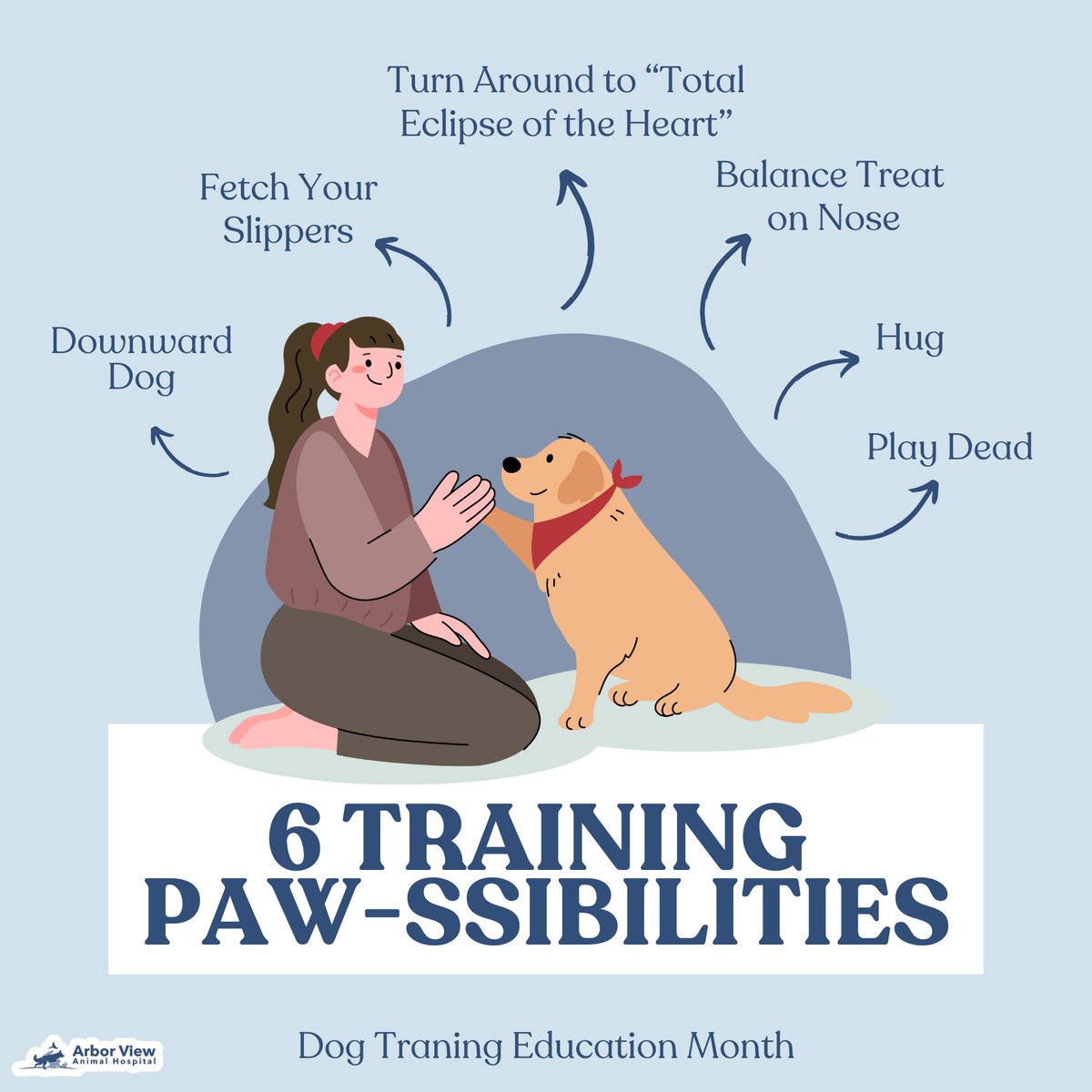 ArborViewAH's tweet image. Unleash the fun! It&apos;s Dog Training Education Month! 🎉 
Who said training has to be all serious business? Here are 6 silly tricks to teach your furry friend, proving that learning can be fun! 🐶💕
#DogTrainingFun
