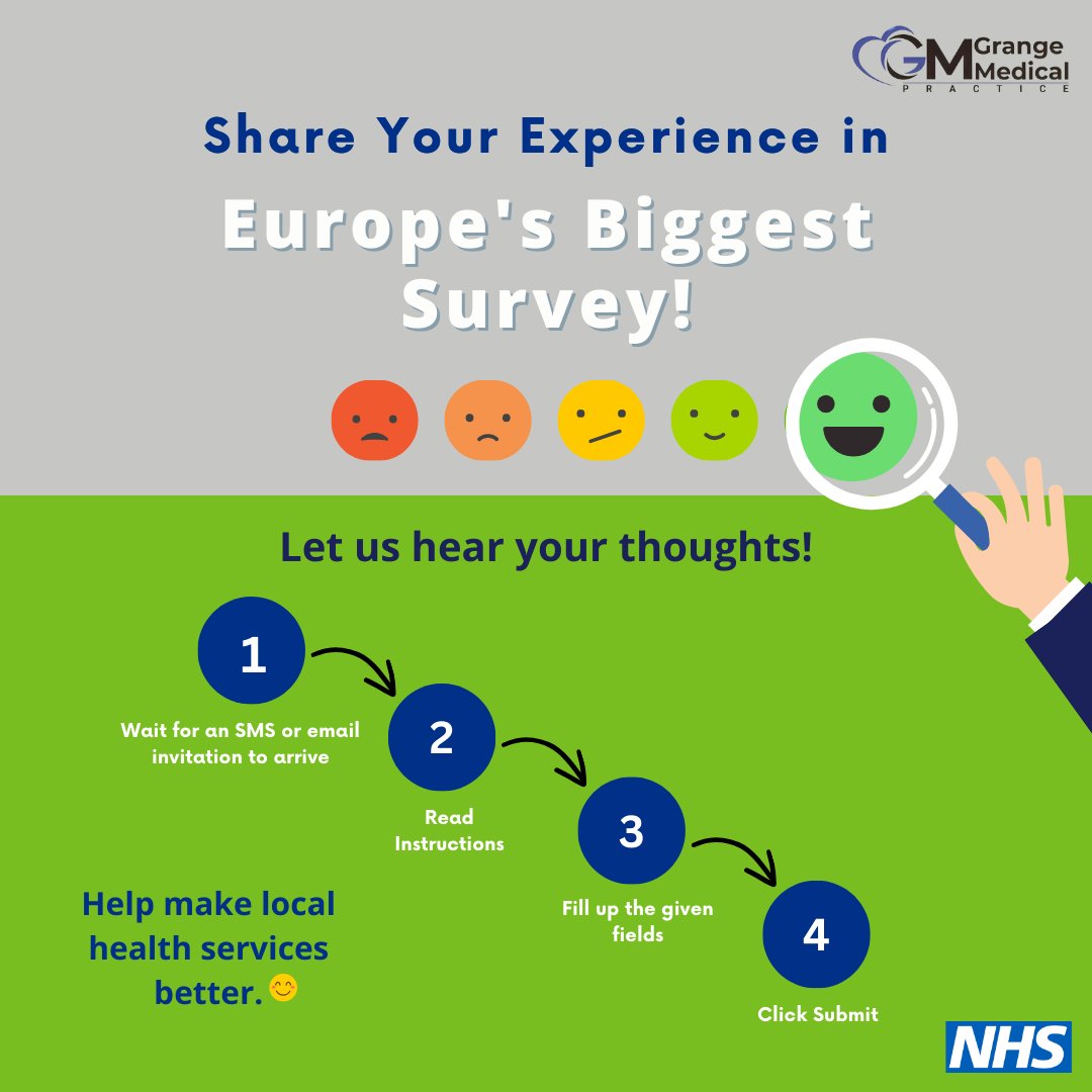 Your feedback makes a difference! Participate in Europe's biggest health survey and tell us about your experience at The Grange Medical Practice. Together, we can build a healthier community.

#thegrangegroupmedicalpractice #MakeADifference #PatientFeedback #NHSsurvey