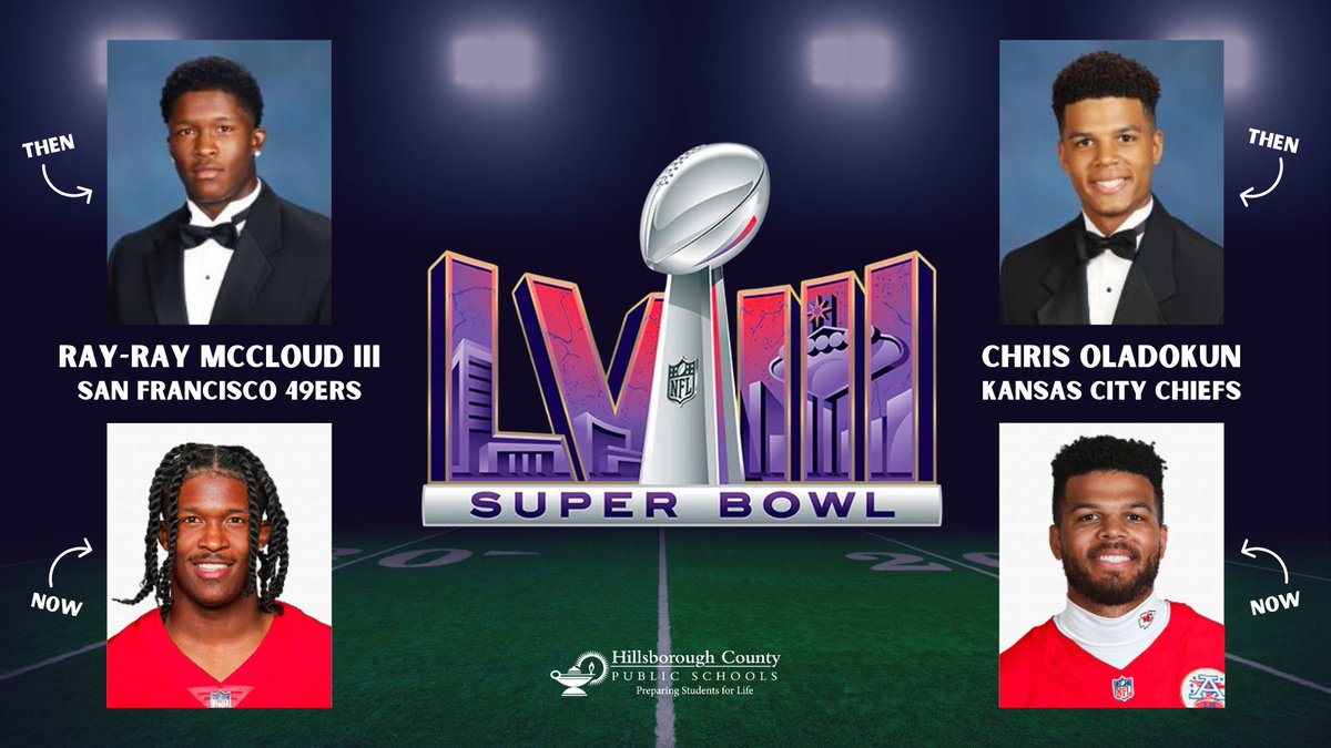 WHO’S READY FOR THE BIG GAME?! 🏈 

While many will be paying attention to their favorite players tonight, we've got our eye on two special guys.

Best of luck to Ray-Ray McCloud and Chris Oladokun, @SicklesHigh alumni, as they face off during #SuperBowlLVIII!

#HillsboroughMade