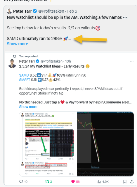 ProfitsTaken's tweet photo. Last week's watchlist ideas 🚀🤑

Only a handful triggered but each one was🎯for a near perfect move into profits🤑

$AMD 200%
$MSFT 43%
$NKE 28%
$AAPL 47%
$AMD 158%

REMINDER / TAKEAWAY: Quality > quantity. Don't throw your capital around. Always be diligent & respect risk #optionstrading