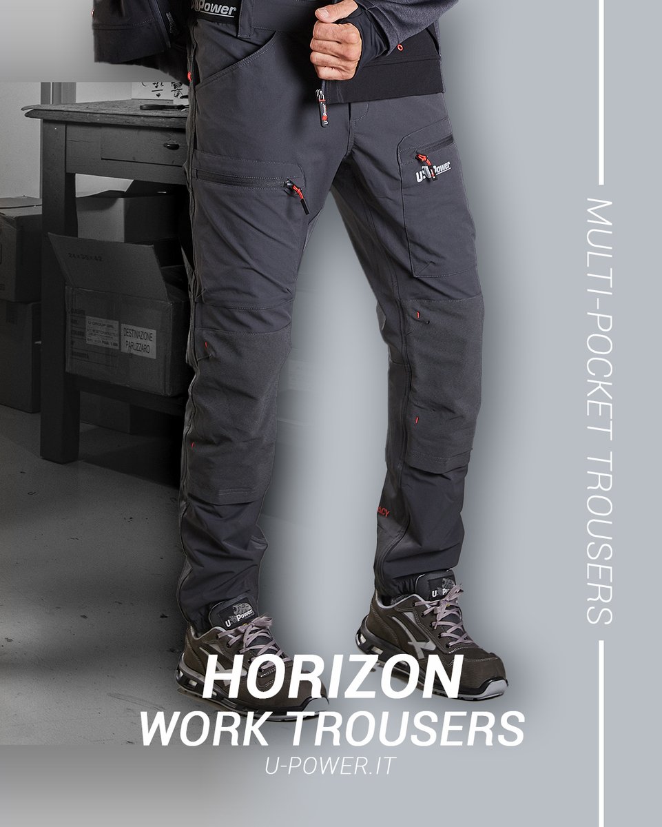 I pantaloni Horizon offrono comfort e funzionalità in ogni tua attività lavorativa! 🔧 

In tessuto U-4 stretch con inserti elasticizzati in vita e sul fondo per una perfetta aderenza. 
Dotati di numerose tasche, sono la scelta perfetta per le tue giornate di lavoro! 
#upower