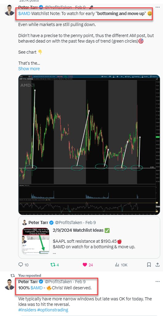 ProfitsTaken's tweet photo. Last week's watchlist ideas 🚀🤑

Only a handful triggered but each one was🎯for a near perfect move into profits🤑

$AMD 200%
$MSFT 43%
$NKE 28%
$AAPL 47%
$AMD 158%

REMINDER / TAKEAWAY: Quality > quantity. Don't throw your capital around. Always be diligent & respect risk #optionstrading