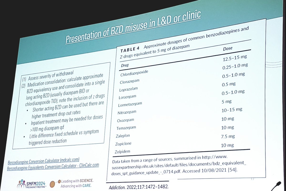 NirajChavanMD's tweet photo. How do you manage a patient presenting with #Benzodiazepine withdrawal and how do you structure a #BZD taper?.. Dr. Marjorie Myer's talk was an absolute educational delight at the #PostGraduate course on #PerinatalSubstanceUseDisorders at #SMFM24 

@MySMFM @uvmvermont https://t.co/hIqX0TiOam