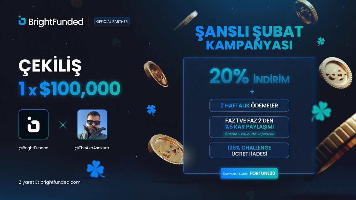 Arkadaşlar 1 kişiye 100000$ fon veriyoruz.

Yapmanız gerekenler <a href="/TheAkaAsakura/">Asakura</a> &amp; <a href="/BrightFundedTR/">BrightFunded - Türkiye</a> hesaplarını takip et.

Beğen &amp; 1 arkadaşını etiketle &amp; rt yap.

Son olarak sunucumuza katılmanızdır. 

discord.gg/chainhood1

Herkese bol şans diliyorum.