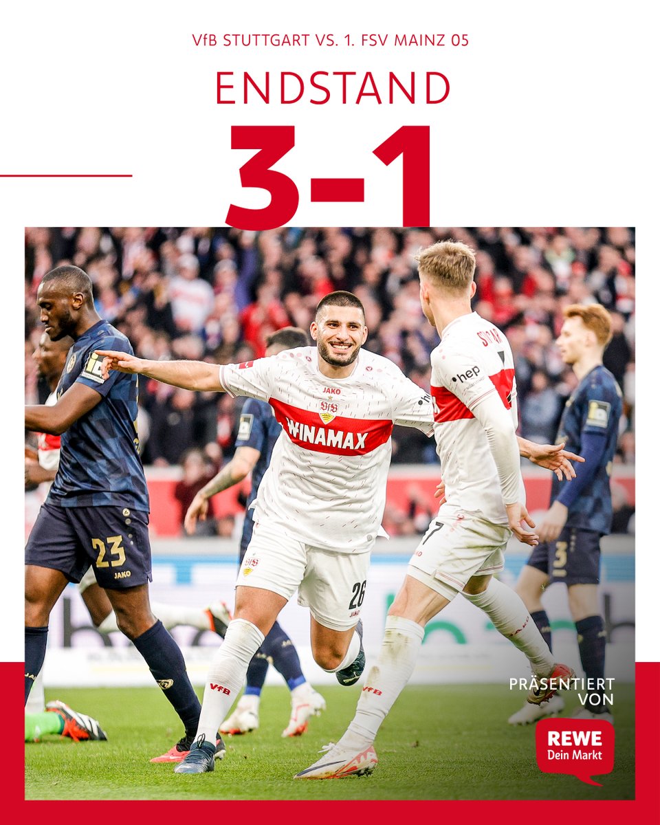 HEIMSIEG!! 🤍❤️

Mit einer überzeugenden Vorstellung besiegen wir den 1. FSV Mainz 05 verdient mit 3:1. Maxi #Mittelstädt, Jamie #Leweling und Deniz #Undav erzielten die Tore. Ganz stark, Männer! 💪💪 

#VfB | #VfBM05 3:1 (Anzeige)