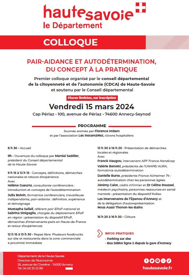 Auto détermination, pair-aidance ; 🤔 de quoi parle t on ? Le 15 mars, colloque proposé par le CDCA 74 sous l'égide du <a href="/Dep_74/">Département de la Haute-Savoie</a>  Attention, les places sont limitées à la capacité de la salle ; ne tardez pas à vous inscrire 👇survey.hautesavoie.fr/index.php/8161…