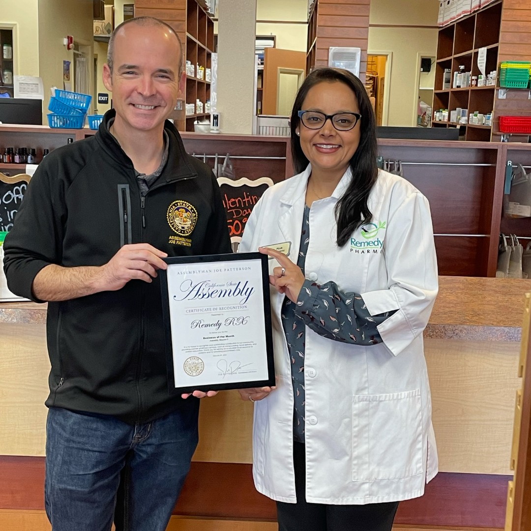 CAPharm's tweet photo. Dr. Puja Khana at RemedyRx Pharmacy was recognized by Assemblymember Joe Patterson as the business of the month! We are so thankful for all our amazing CPhA members serving their communities! #WeAreCPhA #PharmLife https://t.co/Jjg7JXJKEI