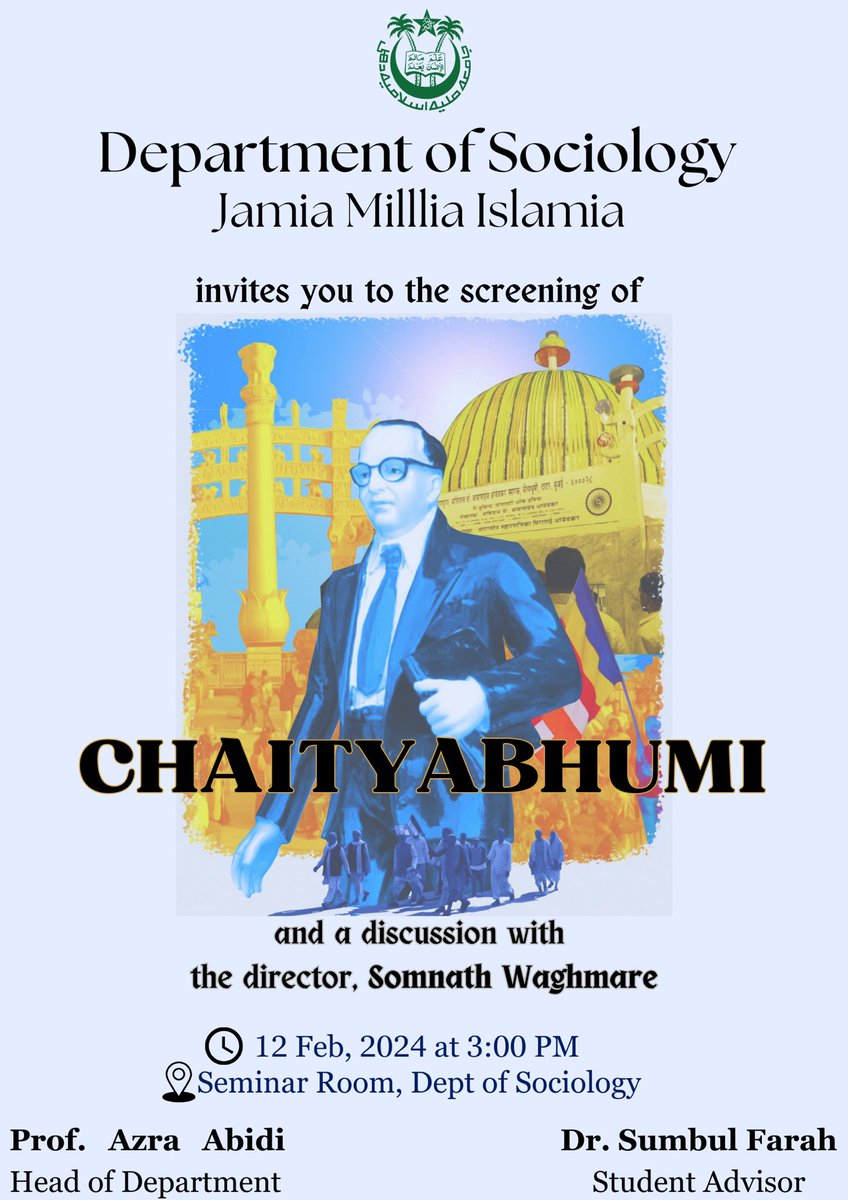 Chaityabhumi, directed by @Somwaghmare tomorrow at 3:00 PM in the Department of Sociology, Jamia Millia Islamia.

Please note that seating will be on a first-come basis, and ensure that you reach fifteen minutes ahead of time.

Registration link: docs.google.com/forms/d/e/1FAI…