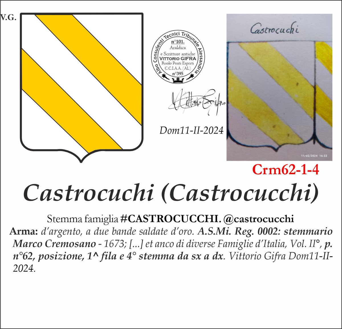 VGIFRA's tweet photo. Stemma famiglia #CASTROCUCCHI. @castrocucchi
Arma: d’argento, a due bande saldate d’oro. A.S.Mi. Reg. 0002: stemmario Marco Cremosano - 1673; [...] et anco di diverse Famiglie d’Italia, Vol. II°, p. n°62, posizione, 1^ fila e 4° stemma da sx a dx. Vittorio Gifra Dom11-II-2024. https://t.co/LjJXneTUAm