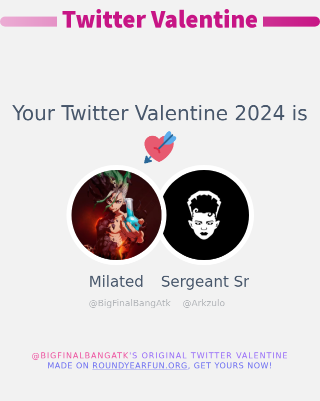 Milated_'s tweet image. My Twitter Valentine 2024 is going to be: @Arkzulo

➡️ funxgames.me/twittervalenti… #valentinesday2024 #ValentinesDay