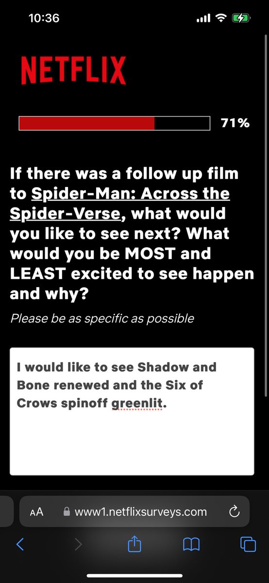 KenzieKooima's tweet photo. @netflix asked me to take a survey. Found a way for my answers to revert back to Shadow and Bone. #SaveShadowAndBone #SixOfCrowsSpinoff #ShadowAndBoneSeason3 https://t.co/TNPECcFq18