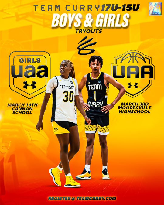 Team Curry Boys UAA & Girls UAA Tryout registrations are open! 👨🏽‍🍳

3 Girls McDonalds Americans 🍔 🖤💛
28 Boys currently playing D1 🏀⚫️🟡

Are you next???

Register at TeamCurry.com

#CurryGirl #DemCurryBoys #UAnexthoops