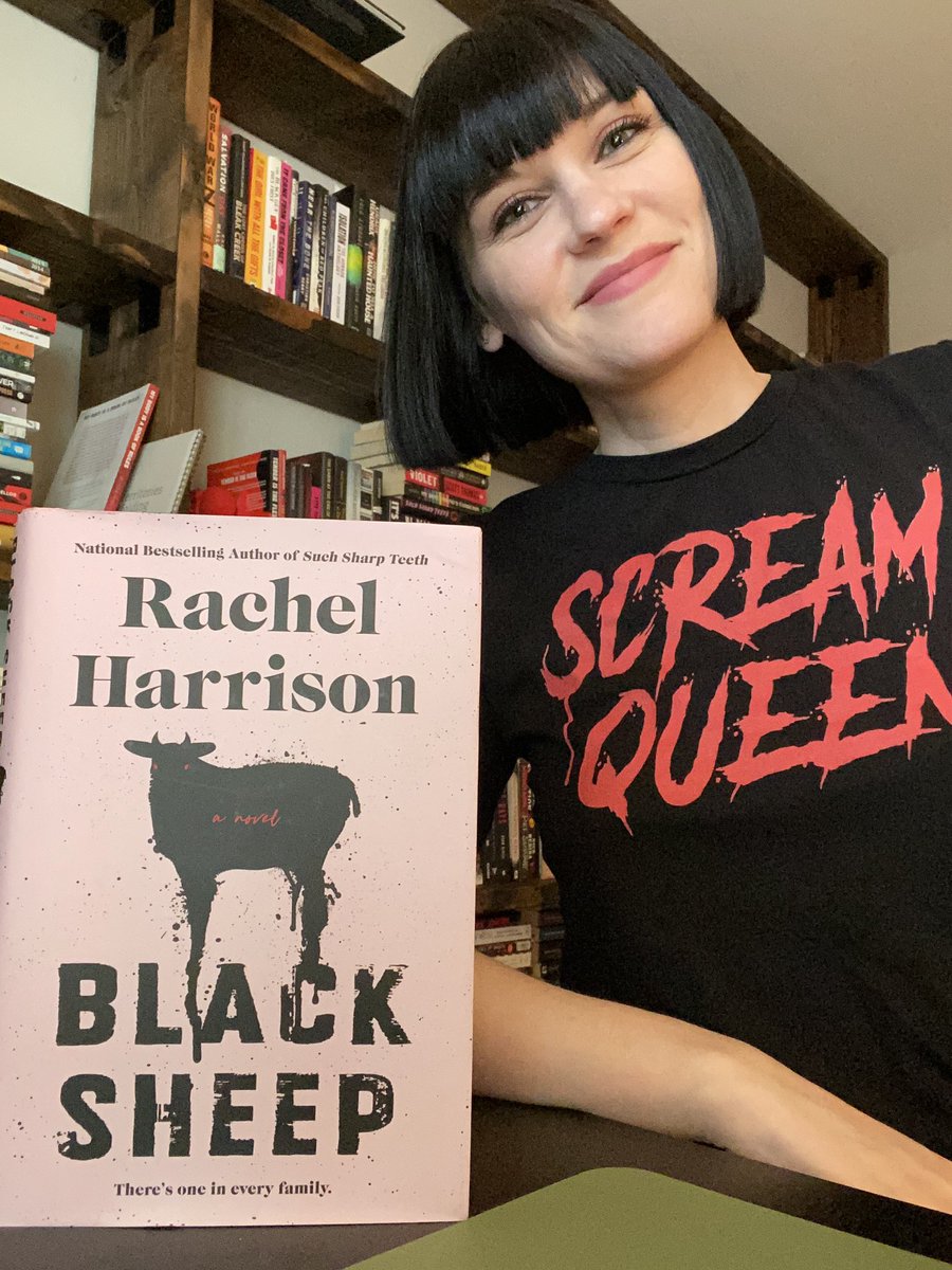 nmccarthywriter's tweet image. It’s just me, standing in front of my new bookcase wall, asking you to love Black Sheep by @rachfacelogic as much as I do. 
Y’all this book is wild in the best ways, and I savored it in the one day it took me to read it. This is one of my favorite horror reads of the year 🖤🐑🩷