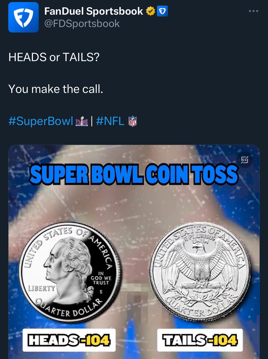 rodger's tweet image. we are so cooked that sportsbooks advertise that they’re paying less-than-even money on the coin toss. The most “you could explain this to a kindergartener” example of bad odds and it’s what they choose to show on the biggest betting day of the year bc they know people will do it