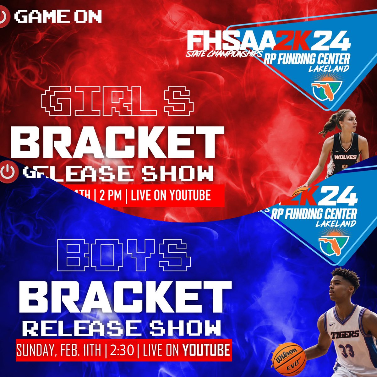 📢 Don't miss out! The excitement is building up as the FHSAA Girls and Boys Bracket Release Show goes LIVE today at 2 PM and 2:30 PM respectively on FHSAA YouTube! Tune in to catch the action unfold and see who's ready to make their mark in the tournament! 🏀 #FHSAA…