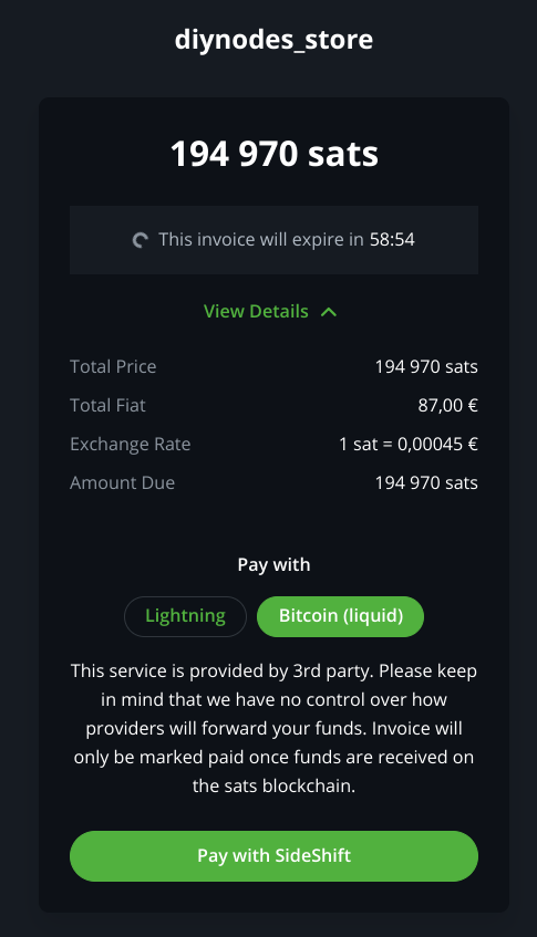 DIYnodes's tweet photo. To prevent painful consolidation costs the DIYnodes store is receiving sats only over lightning when invoicing a relatively small amount.

If you have some @Liquid_BTC already it can be converted on-the-fly with the help of the built-in  Sideshift plugin 

https://t.co/rxJOKzZ2nd https://t.co/R1cB7JxpRD
