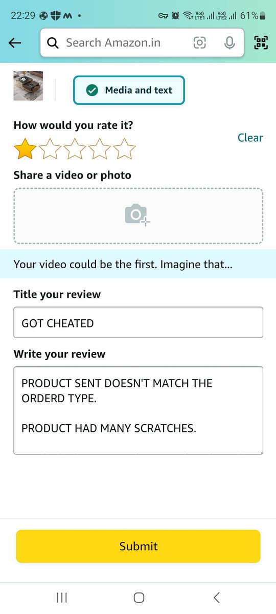 satyasethi's tweet photo. @amazonIN 

I think you are intentionally not allowing me to publish image or video of the damaged product. Also, the product that was sent is different from the product ordered. Please look in to it order no- 
Order date

05-Feb-2024

Order #

408-0057893-5457147 https://t.co/YdVL49Kprb