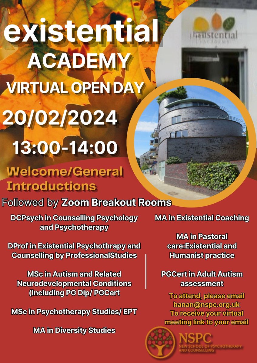 Join us at The Existential Academy's Virtual Open Day on Tuesday, February 20th! Explore the world of existential studies and discover the diverse range of NSPC courses. #Exisitential #OpenDay #NSPCCourses #VirtualEvent #Psychotherapy #Councelling #Doctorate #Masters