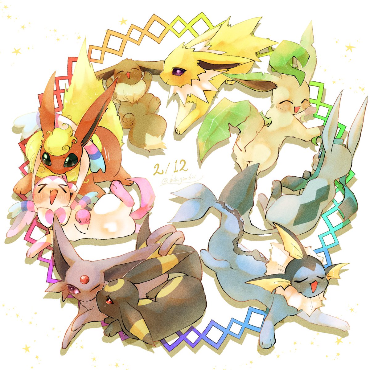 eevee ,espeon ,flareon ,jolteon ,leafeon ,sylveon ,umbreon ,vaporeon pokemon (creature) no humans closed eyes open mouth smile one eye closed > <  illustration images