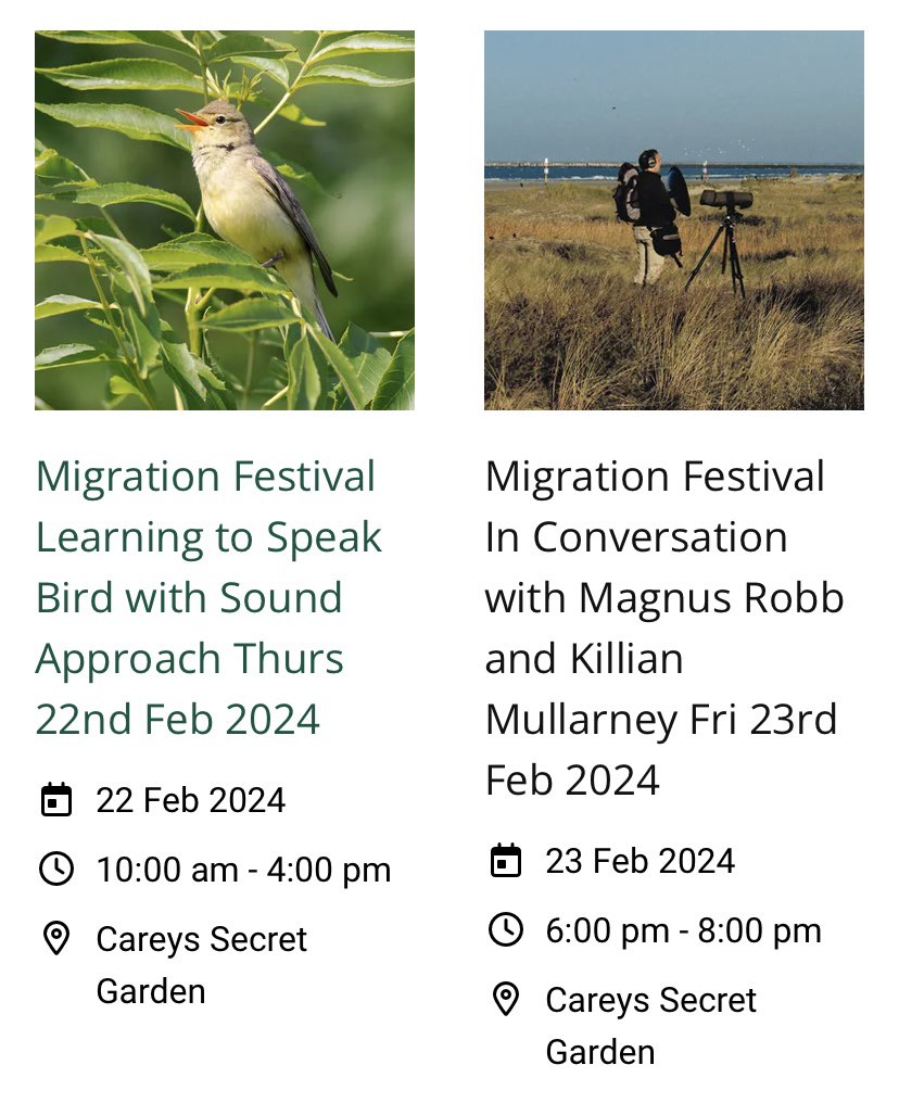 We’ve got two amazing events coming up in a few days. Learn about bird sounds in a full day course (22/02) and join us for an exclusive lecture with Killian Mullarney, Magnus Robb and Mark Constantine (23/02), both at @CareysSecret >> bookings.careyssecretgarden.co.uk/events-and-cou…