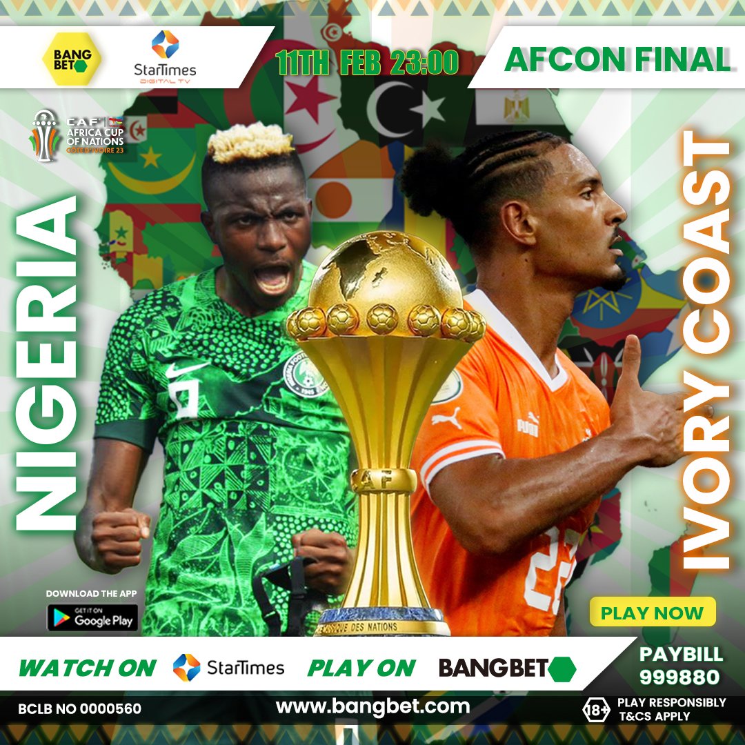 Tonight's Africa's biggest match🥳🥳
Are we ready?
Is your team making history tonight ‼️
Bet on your best team🙌
Play Now! bangbet.com
Sote ni washindi 💪
#bangbet #AFCONfinals #nigeriafootball #ivorycoast2024