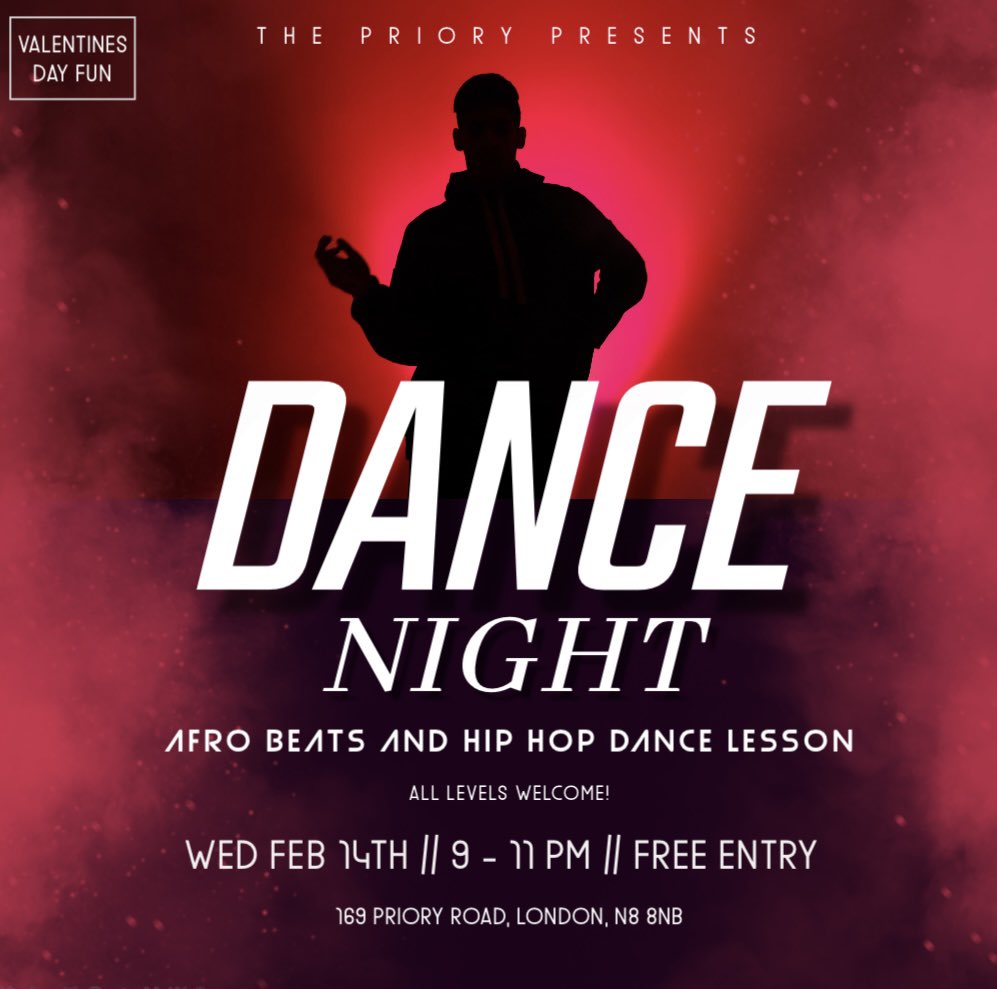 ThePrioryPubN8's tweet photo. VALENTINES DAY AFRO BEATS/HIP HOP DANCE LESSONS🌹💃🏼 // FREE // DRINKS DEALS // EVERYONE WELCOME! 9-11pm ✨✨ https://t.co/FFH3Jx3DBL