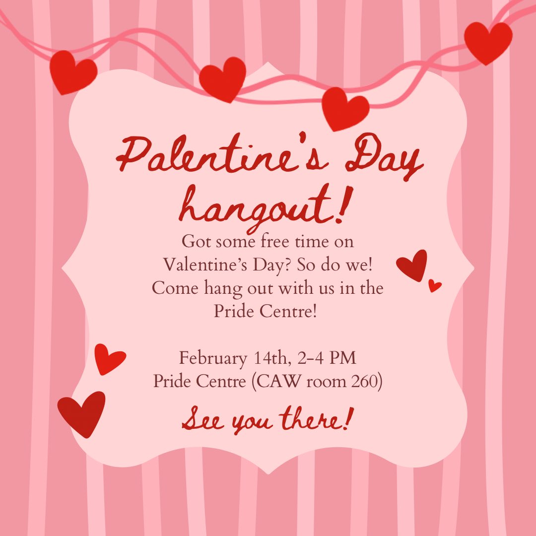 queerinstem21's tweet photo. Bring your PALentine to the campus pride centre this Wednesday at 2:00 for a group hangout! Snacks + drinks will be provided! https://t.co/GtAJ4VIiDW