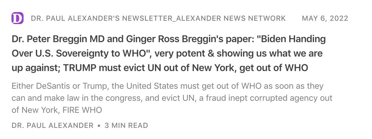 P_AlexanderPhD's tweet photo. Dr. Peter Breggin MD and Ginger Ross  Breggin's paper: "Biden Handing Over U.S. Sovereignty to WHO", very  potent &amp; showing us what we are up against; TRUMP must evict UN out  of New York, get out of WHO https://t.co/SU4izsdCr4 https://t.co/62zrHJThjP