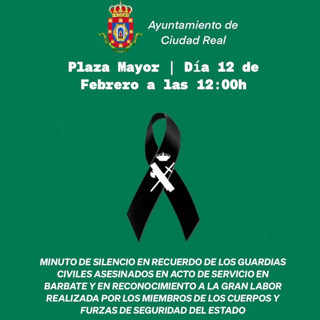 AYTO_CIUDADREAL's tweet photo. ⚫️ Mañana a las 12:00 horas en la Plaza Mayor, el Ayuntamiento convoca un minuto de silencio con motivo del asesinato de los dos guardias civiles en acto de servicio en Barbate. https://t.co/CKTIfAejxF