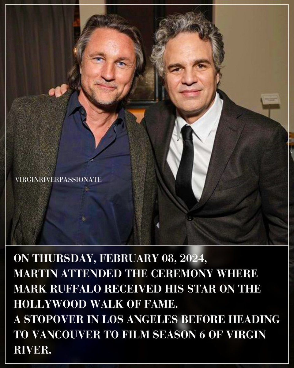VRPassionate's tweet photo. Martin Henderson attended Mark Ruffalo’s Walk of Fame ceremony on February 8. A stopover in L.A. before heading to Vancouver to film #VirginRiver season 6. https://t.co/mXrKwmWlNN