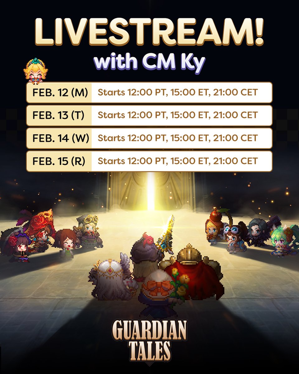 📢 Guardian Tales Official Stream! So far, we're having a new world, new - but awaited - hero, free summons, Twitch Drops... Why not complete it with 🥁 You read that right! Join us next week and watch CM Ky start new adventures on Kanterbury ⚔️ 🎥 twitch.tv/playkakaogames