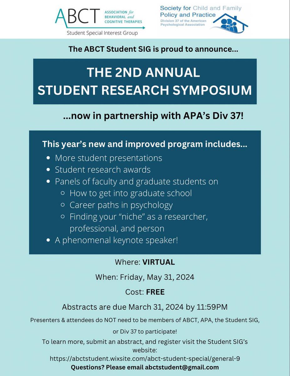 🤩 Exciting news incoming…

We are proud to announce that we have partnered with <a href="/Division37ofAPA/">Division 37 of APA</a> to host our Second Annual Student Research Symposium!

#ABCTStudentSymposium2024
