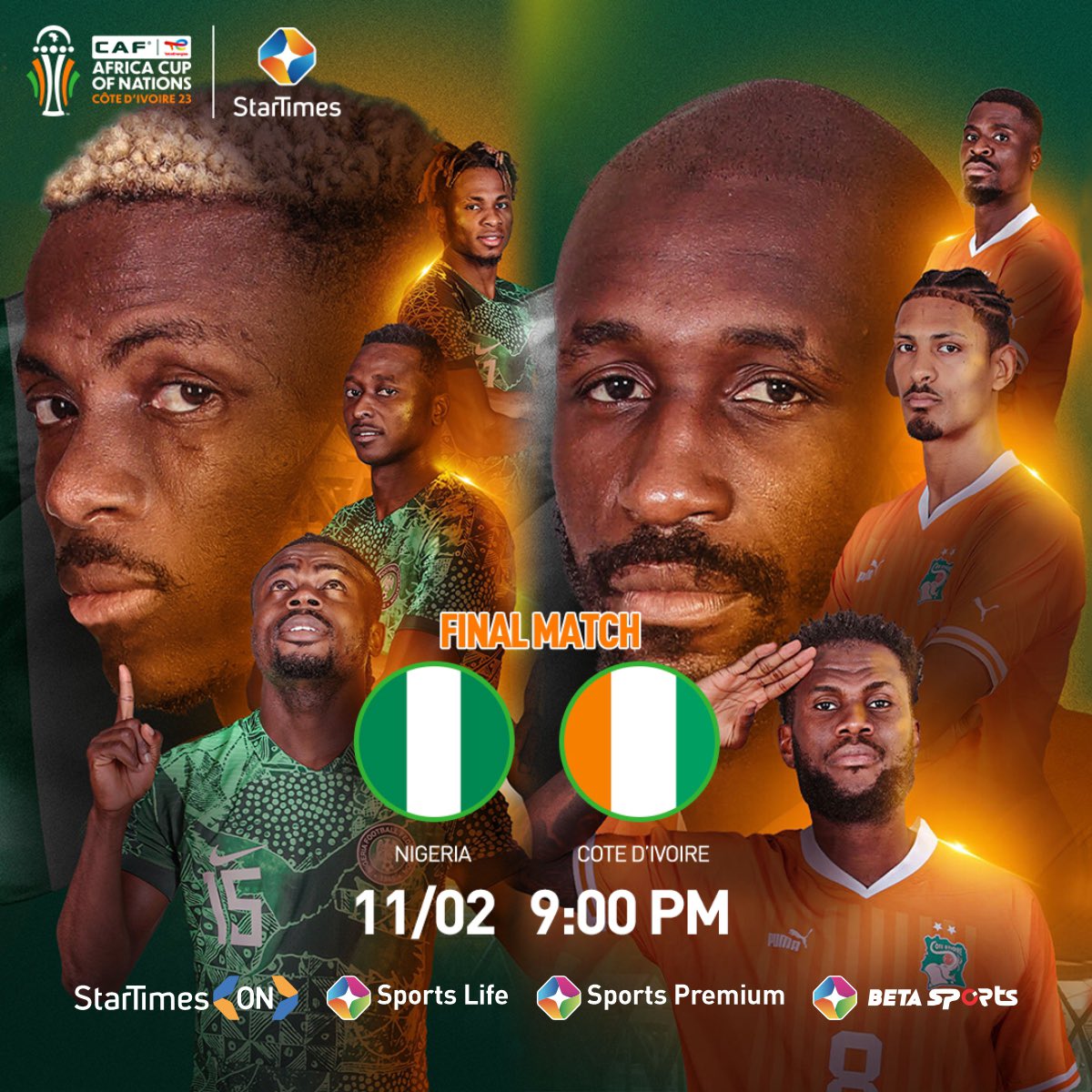 Do you know that with as low as 1k per week, you can enjoy this game on the App?

Don't miss out the final match as the Super Eagles of Nigeria will play hosts Ivory Coast at 9pm in the AFCON 2023 Final! #StarTimesSports