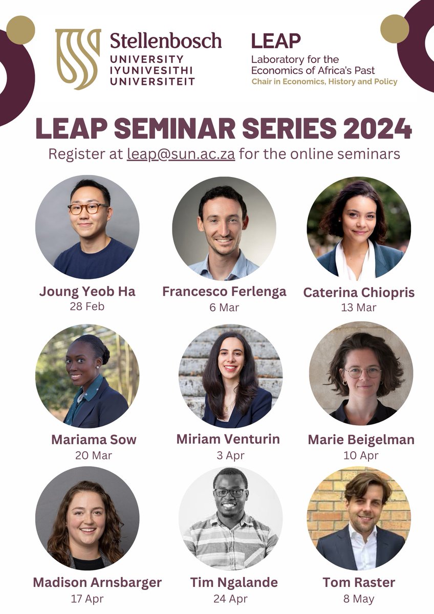 Johan Fourie (@johanfourieza) on Twitter photo Join the online LEAP seminar series over the next few months to listen to exciting new research in economic history!
<a href="/MatiesResearch/">Research at Stellenbosch University</a> <a href="/LEAP_SU/">Laboratory for the Economics of Africa's Past</a> <a href="/JoungYeobHa/">Joung Yeob Ha</a> <a href="/FFerlenga/">Francesco Ferlenga</a> @madisonarns <a href="/VenturiniMiri/">Miriam Venturini</a> @BglMarie <a href="/tomraster/">Tom Raster</a>
#econhist #econtwitter Join the online LEAP seminar series over the next few months to listen to exciting new research in economic history!
<a href="/MatiesResearch/">Research at Stellenbosch University</a> <a href="/LEAP_SU/">Laboratory for the Economics of Africa's Past</a> <a href="/JoungYeobHa/">Joung Yeob Ha</a> <a href="/FFerlenga/">Francesco Ferlenga</a> @madisonarns <a href="/VenturiniMiri/">Miriam Venturini</a> @BglMarie <a href="/tomraster/">Tom Raster</a>
#econhist #econtwitter