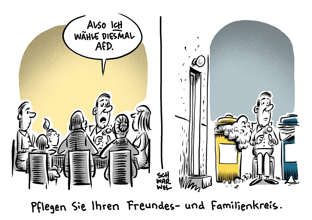 TSchwarwel's tweet photo. „ Umgang mit AfD-Wählern:
Demonstrieren alleine reicht nicht“
#AfD #rechtsextrem #isolieren #schwarwel https://t.co/GGTNrsqmTX