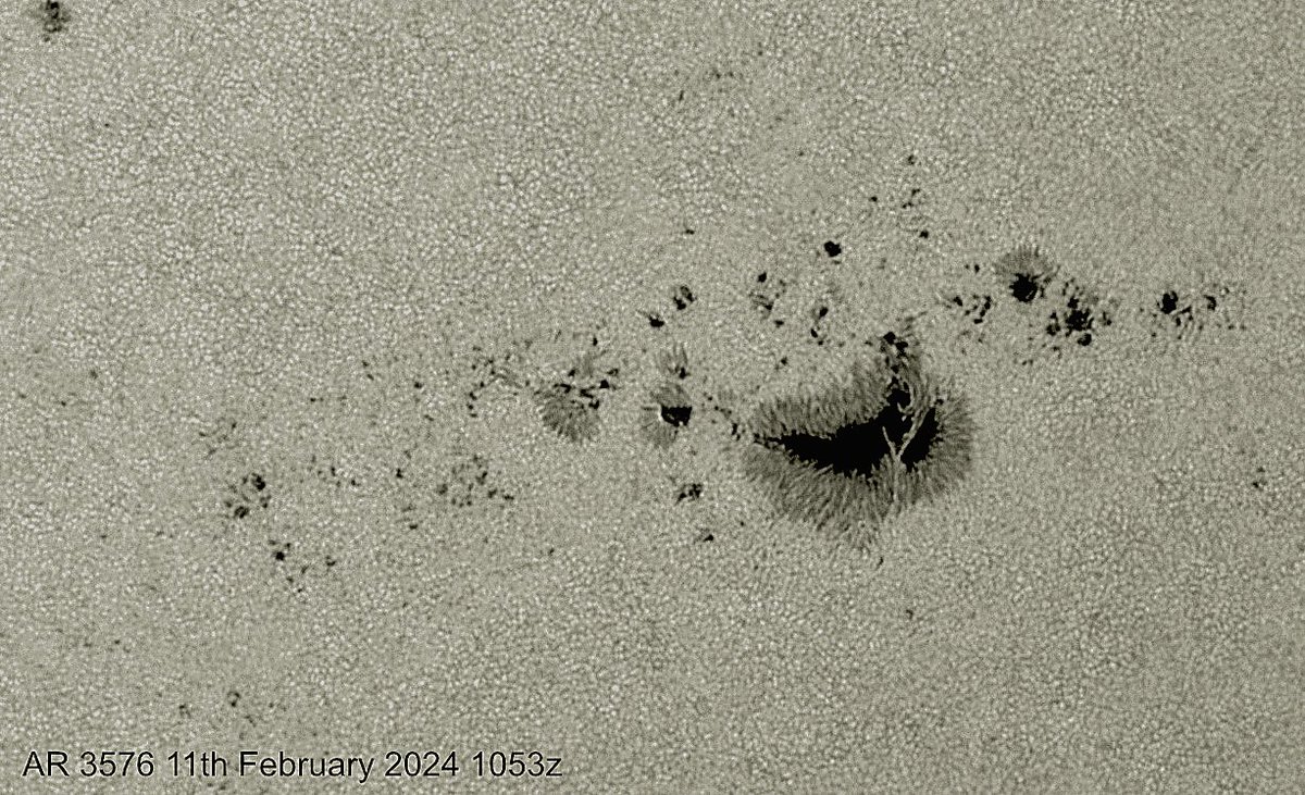 AR3576 is a huge active sunspot currently in the Sun’s southern hemisphere. This image is by BAA member Chris Bailey showing the region in white light today