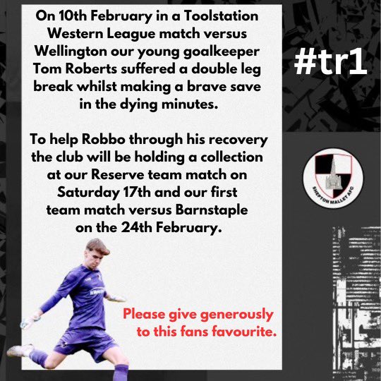 Fundraiser to help young keeper Tom Roberts through his period of recovery.❤️‍🩹 
Please give generously🙏

@TSWesternLeague 
<a href="/swsportsnews/">South West Sports News</a> 
<a href="/FromeTownFC/">Frome Town FC</a>