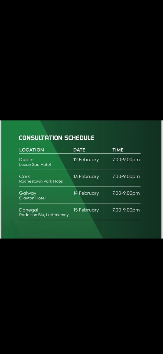 A really important week this week as we head around the country for Phase 2 of our Football Pathways Plan consultation! 

Come to your local workshop to see our vision and provide your feedback, having your say on the future of Irish Football ⚽️ 🇮🇪

#FootballPathwaysPlan