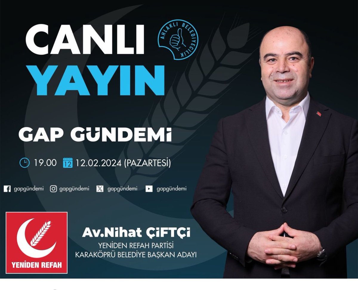 Karaköprü Belediye Başkan Adayımız Nihat Çiftçi GapGündemi’nin Konuğu Olacak.
<a href="/nihatcftc/">Nihat ÇİFTÇİ</a> 
<a href="/GAPGundemiGZT/">GAPGündemi</a> 
#YenidenRefahPartisi 
#FatihErbakan
