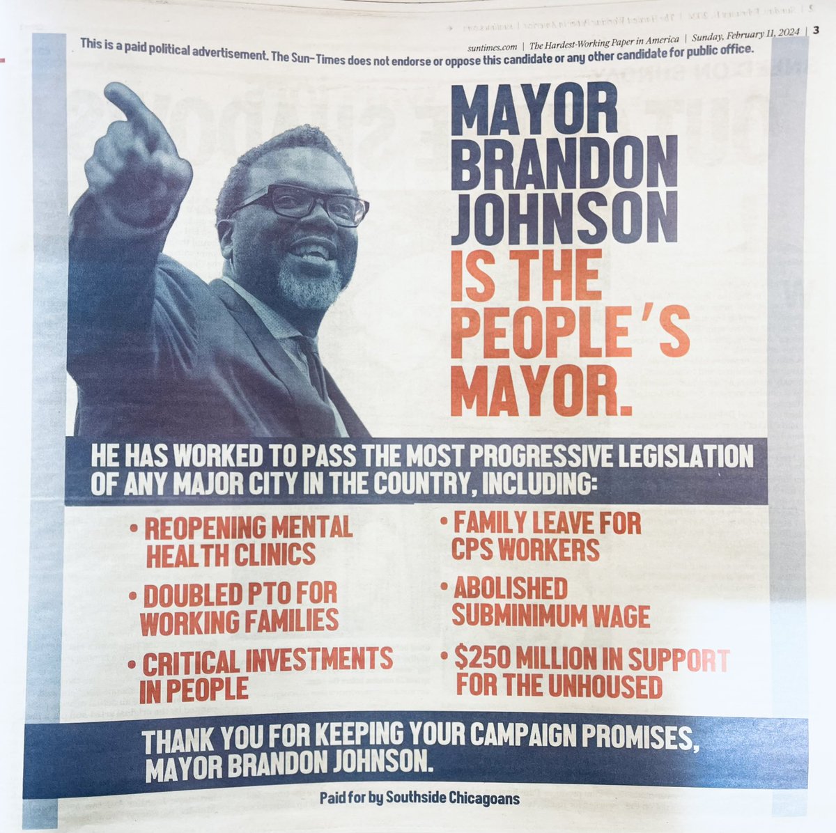 Full page ad ⁦<a href="/Suntimes/">Chicago Sun-Times</a>⁩ 
Rarely seen in non-election year. ⁦<a href="/ChicagosMayor/">Mayor Brandon Johnson</a>⁩