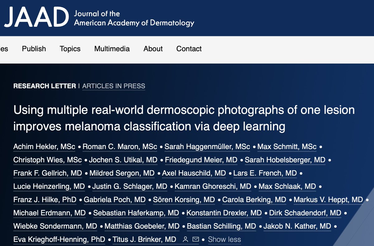 New paper out 🥳 In an effort led by @AchimHekler and @RomanMaron, we show that using multiple real-world dermoscopic photographs of one lesion improves #melanoma #classification significantly & recommend use in clinical care @JAADjournals: jaad.org/article/S0190-… @DKFZ