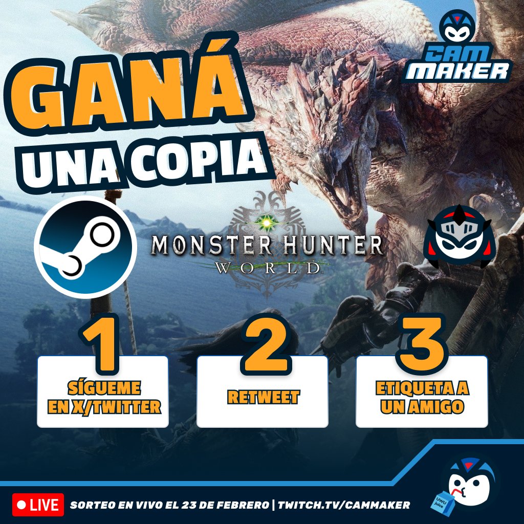 elcammaker's tweet photo. 🎁 ¡SORTEO! #ReturnToWorld 🎁

🤓 Ganá una copia de Monster Hunter World en Steam 👇

❗️Seguí las instrucciones (requisitos) en la imagen 
🗓️ Sorteo 23 de Febrero en https://t.co/Ge7yyISxsH
🥳 El ganador será taggeado aquí y tendrá 12 horas para contactarme https://t.co/MMJefD9Ruq
