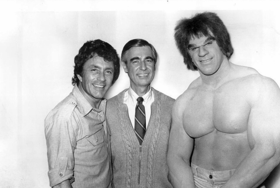 Pretty wild! On this date in 1979, Fred Rogers talked with Bill Bixby and Lou Ferrigno on the set of The Incredible Hulk, where he visited during a week of Mister Rogers' Neighborhood programs about superheroes