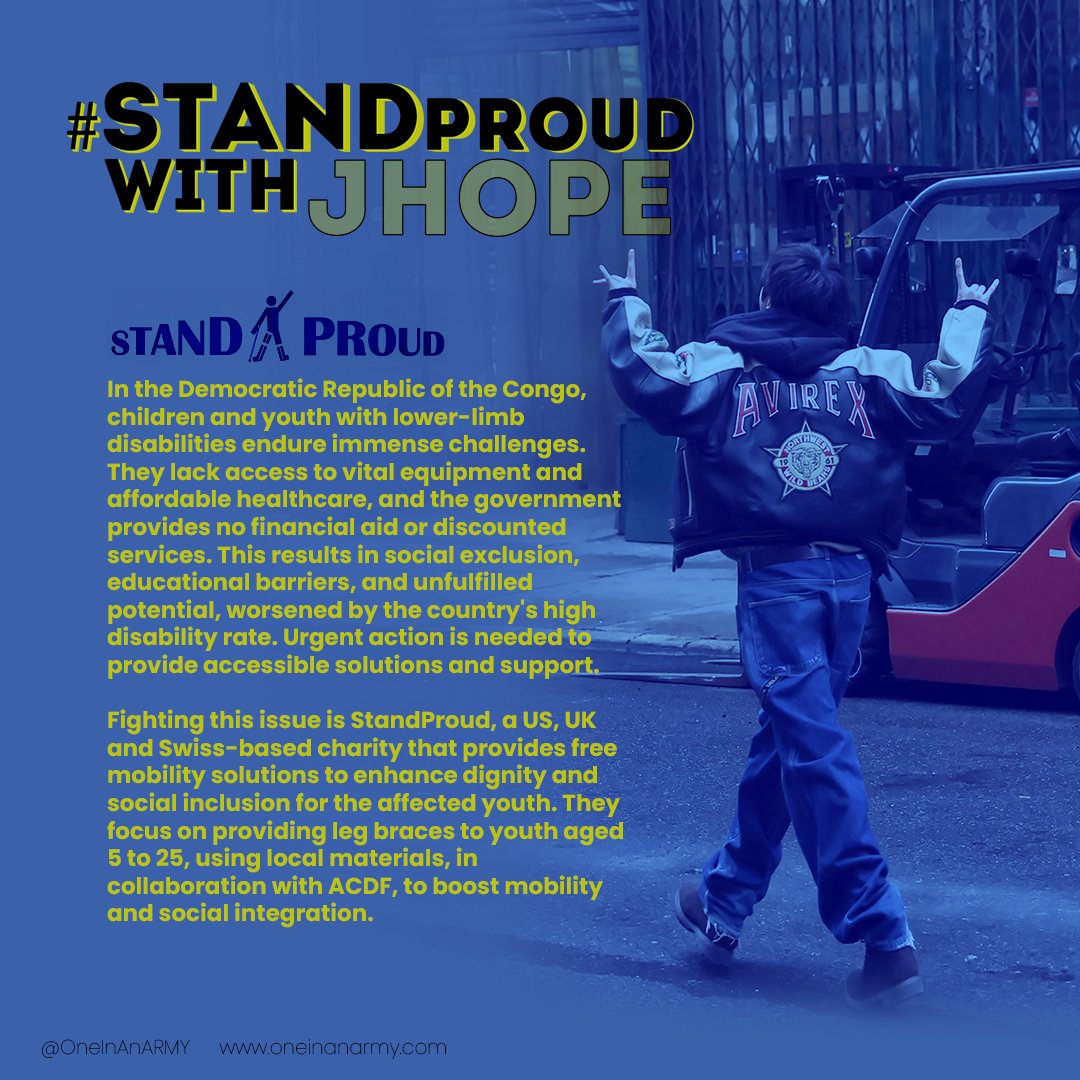 Celebrating Hobi’s bday with #StandProudwithJHope, a 7-day flash fundraiser supporting <a href="/standproudcongo/">StandProud</a>, a non-profit org assisting children and youth with disabilities in DR Congo with free mobility solutions.

Donate: bit.ly/StandProudwith…