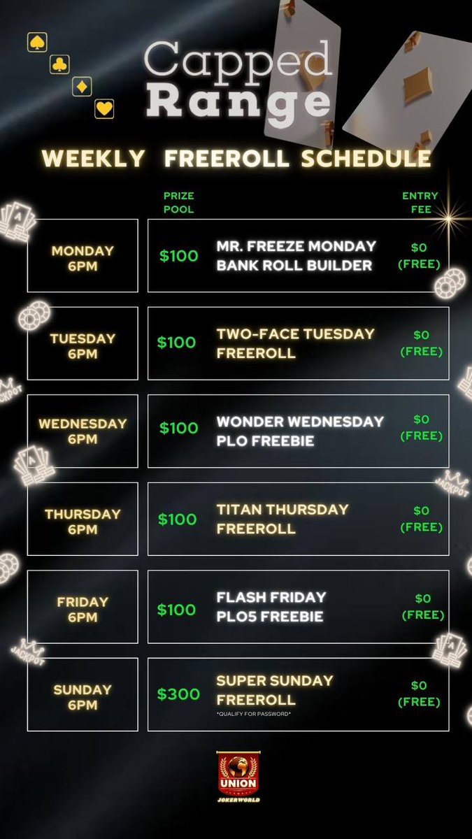 Attention CR players! 

Some exciting news to announce:

Starting tomorrow, we will run daily freerolls: 

$100 Freerolls Mon-Fri at 6PM CST

$300 Super Sunday Freeroll

We will also be hosting a monthly player appreciation $1500 freeroll!

For more info: discord.gg/4JqkTg4VE8
