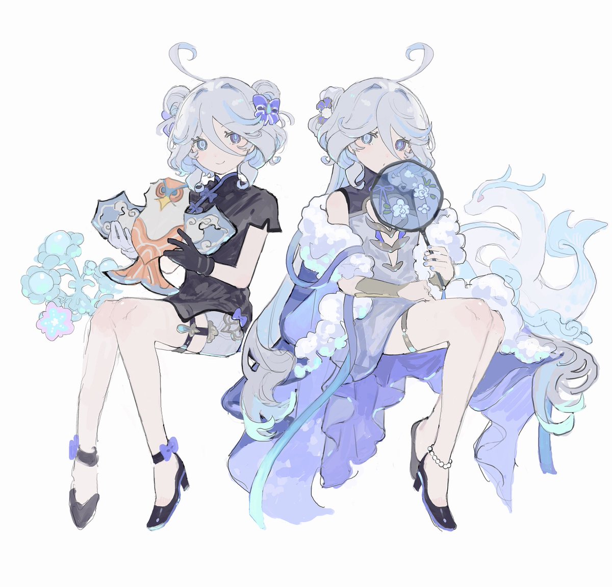 furina (genshin impact) fish 2girls multiple girls holding hair bun dress white background  illustration images