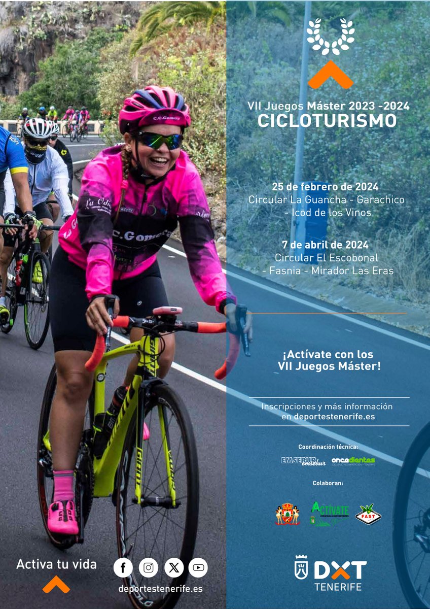 📣 Mañana a las 9:00 horas abriremos el plazo de inscripción para la primera jornada de #cicloturismo en carretera de los VII Juegos Máster

✅ Si ya has cumplido los 30, ¡no lo dejes pasar! #ActivaTuVida 

📲 bit.ly/3HVSuli

#JuegosMásterTF