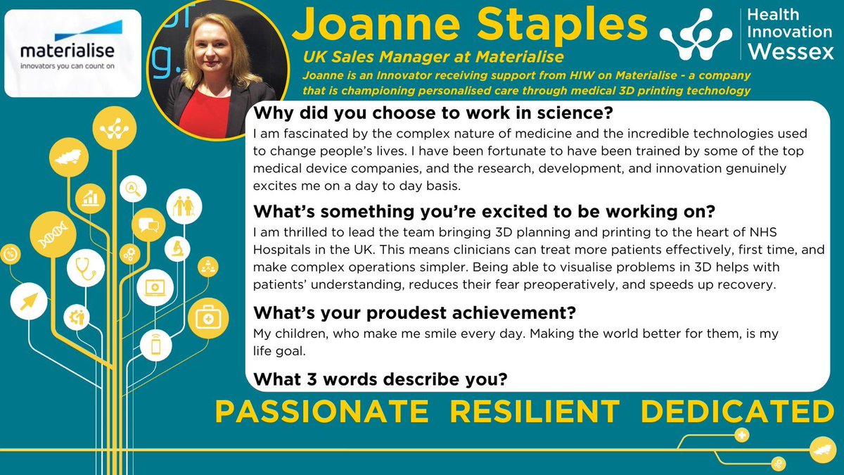 On #WomenInScienceDay, we are celebrating women working with Health Innovation Wessex. 

Joanne Staples from <a href="/MaterialiseNV/">Materialise</a> is at the cutting edge of medical 3D printing. 

If, like Joanne, you want to make the world a better place, get in touch: buff.ly/3SRGfMF