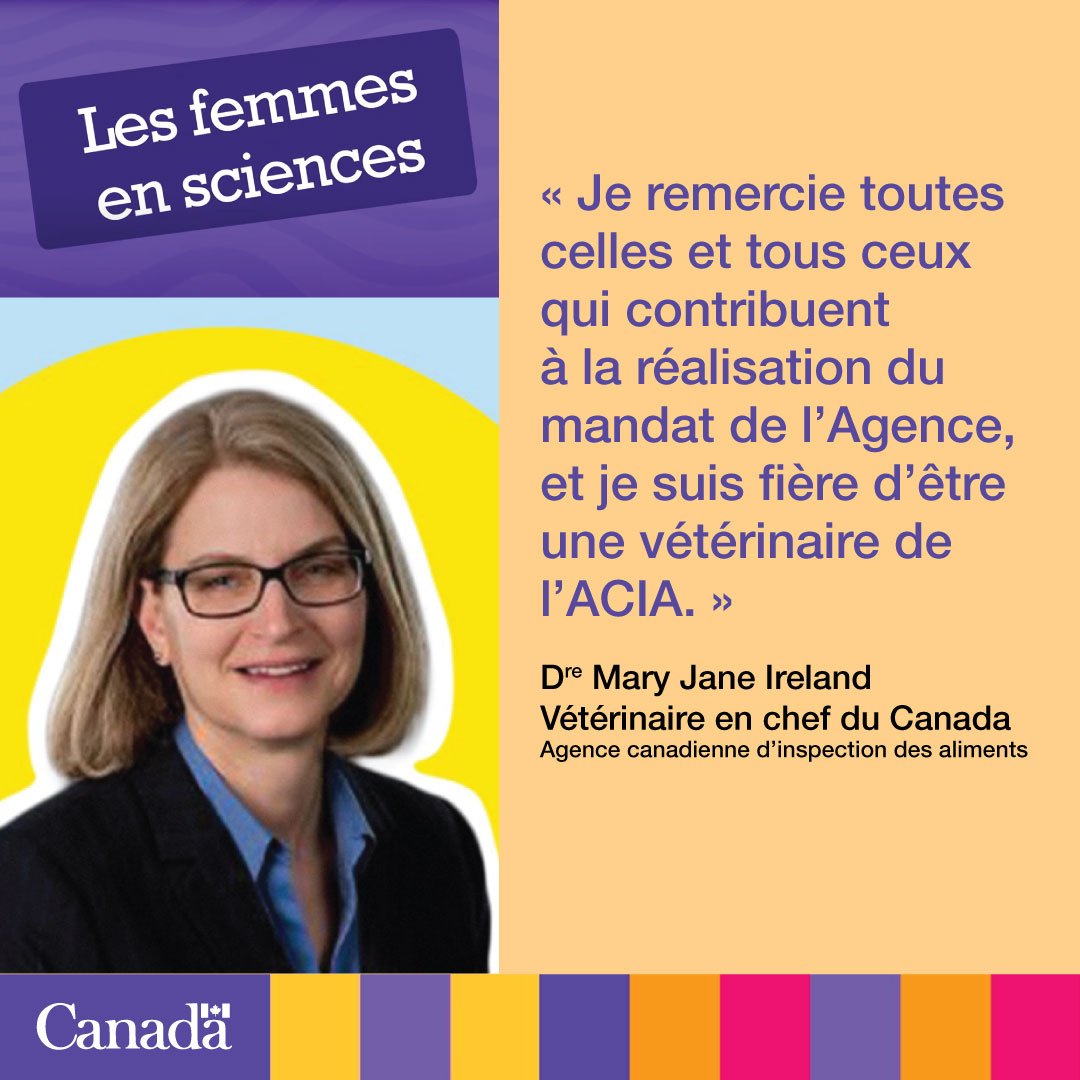 InspectionCanFR's tweet photo. En lâhonneur de la #JIFFS faites la connaissance de Dre Mary Jane Ireland, vĂ©tĂ©rinaire en chef du Canada. Elle dĂ©fend ardemment le rĂŽle des vĂ©tĂ©rinaires du Canada dans la protection de la #SantĂ©DesAnimaux, des personnes et de lâenvironnement https://t.co/JqEQVgVRaE #ScienceACIA https://t.co/LA9JEg9Z0t